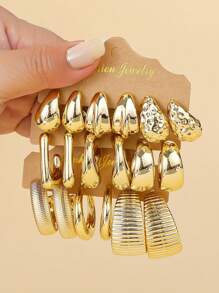 2-18pcs/Set European And American Fashion Gold Asymmetrical Geometric C-Shaped & Teardrop-Shaped Earring Sets, CCB Lightweight Material, Suitable For Ladies' Daily & Party Dressing