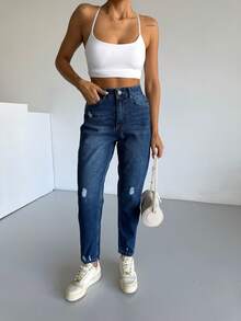 High Waist Knee Laser Ripped Boyfriend Mom Jeans, Solid Color Destroyed Asymmetric/Asymmetrical Pockets - Navy Blue - View 2
