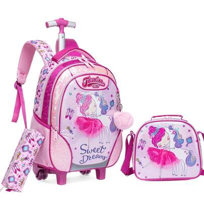 Girls Rolling Backpack For School With Wheels 3PCS Set Of Kids Luggage Backpack With Pencil Case And Lunch Box Back To School