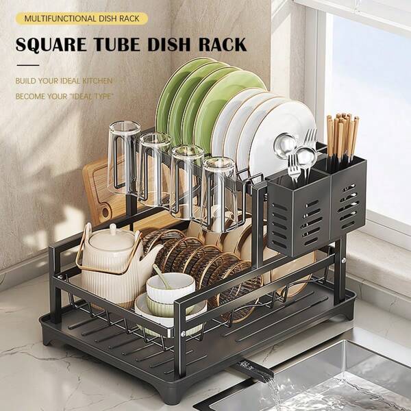 11pc 2-Tier Dish Drying Rack With Drainboard Set - Large Metal Dish Racks With Drainage, Glass Holder, Utensil Holder, And Extra Drying Mat - Kitchen Accessories For Efficient Dish Drying And Organization For Restaurant