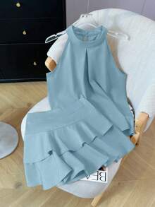 夏季女式两件套，无袖露背上衣和荷叶边下摆裙套装 - 藍色兩件套裝 - 查看 2