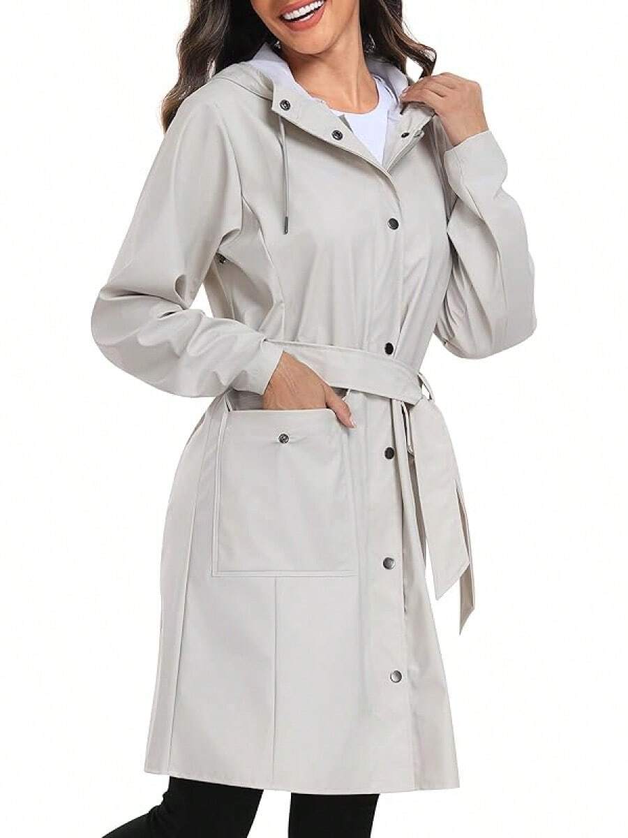 UNIQUEBELLA Rain Jackets For Women Waterproof, Raincoat Long Hooded Rain Coats Outdoor Windbreaker Trench Coat - Tc-米色-03 - 查看 1