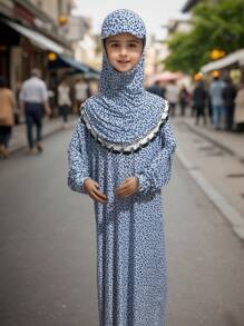 5-13 Years Old Muslim Girls' Abaya Dress (Multiple Colors Available), Traditional Arabic Style Habaya, New Fashionable Muslim Girls' Outfit, Breathable Loose Pink Floral Design With Headscarf (Multiple Colors Available)