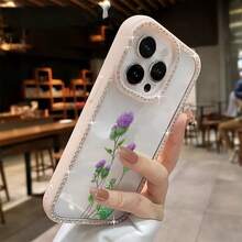 Funda para teléfono 1 unidad, diseño de flores de cardo morado en acuarela, con purpurina, doble cara | Funda brillante 11/12/13/14/15/16 - Rosa - Ver 5