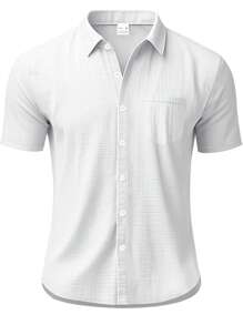 Hawaiian Style Linen Loose Casual Henley Collar Short Sleeve Shirt - White - View 4