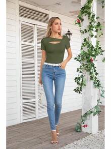 Womens Fashion Fall Cutout Long Sleeve Ribbed Slim Fitted Tops Shirts Tee Tshirts - Short-green - View 5