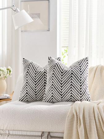 1 件黑白波西米亚几何毛绒装饰枕套（不含枕芯），反面采用羊毛面料，方形靠垫套，假日家居枕头装饰，柔软舒适的毛绒材质，现代沙发装饰，家居和卧室装饰，秋季装饰，房间装饰