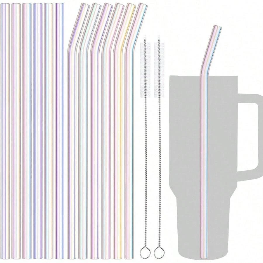 QY12Pack Iridescent Glass Drinking Straws Fit For 30oz 40oz Tumbler 12 Clear Reusable Straws Fit For Cup 6 Straight 6 Bent Straws W 2 Brushes For Milkshakes Frozen Drinks2216 - 彩虹色(適用於30盎司40盎司) - 查看 1