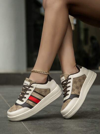 女士简约时尚撞色拼接系带舒适休闲运动鞋，日常户外校园情侣运动鞋