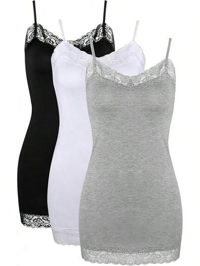 3 Pcs Women Long Camisoles Lace Tank Tops Neck Cami Adjustable Spaghetti Strap Lace Trim Tank Top For Women WearingHalloween Christmas New Year