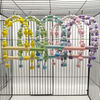 1pc Wooden Macaron-Color Parrot Swing Toy With Bells, Chew-Resistant Bird Ladder, Perch, Bridge, Climbing Frame, Versatile Cage Decor Accessories, Multi-Color & Multi-Style Options, Suitable For All Seasons