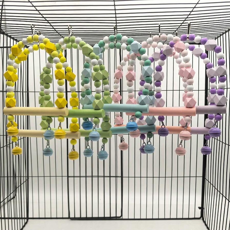 1pc Wooden Macaron-Color Parrot Swing Toy With Bells, Chew-Resistant Bird Ladder, Perch, Bridge, Climbing Frame, Versatile Cage Decor Accessories, Multi-Color & Multi-Style Options, Suitable For All Seasons