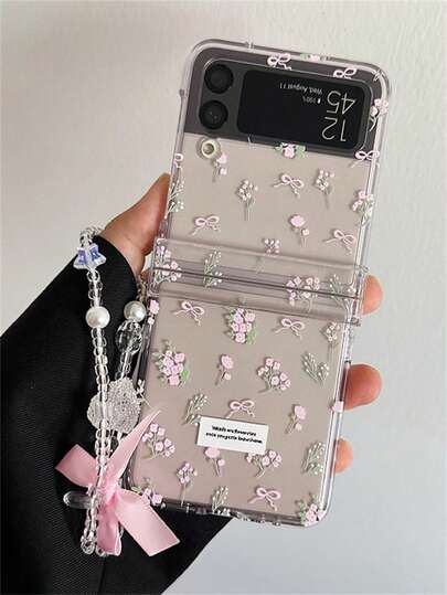 레이저 클라우드 비드 체인이 있는 봄 귀여운 유화 꽃 투명 폰 케이스 삼성 갤럭시 Z Flip7 Z Flip6 Flip5 Flip 4 3과 호환되는 세련된 풀 스크린 핑크 플로럴 폴딩 백 커버
