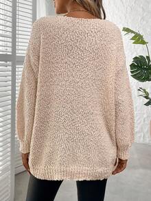 Plus Size Solid Color Crew Neck Casual Long Sleeve Knit Sweater, For Winter - Apricot - View 3