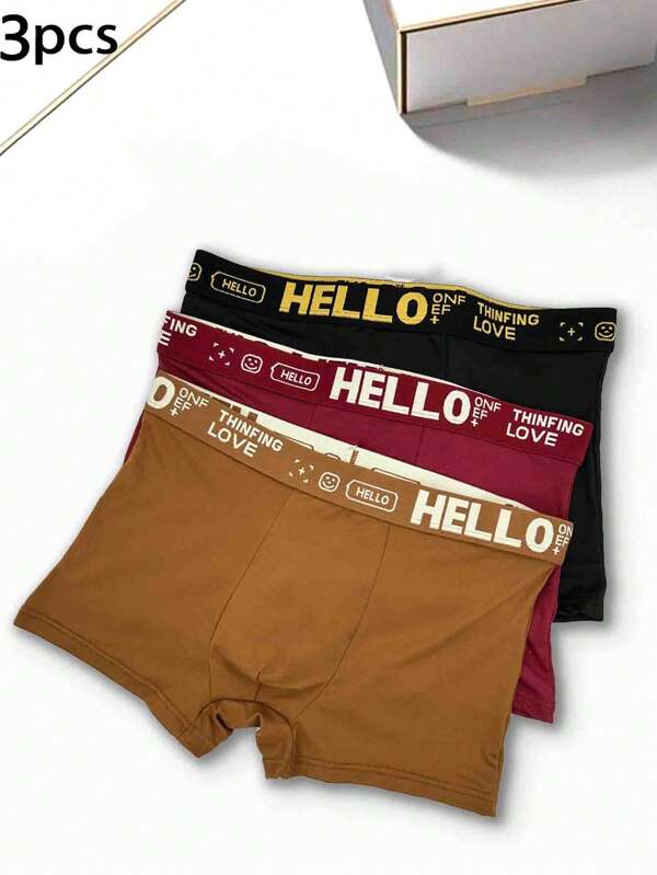 3 pièces Boxers pour hommes avec une ceinture à la mode avec lettres irrégulières ; en fibre de polyester douce ; élastique ; confortable pour le port à la maison