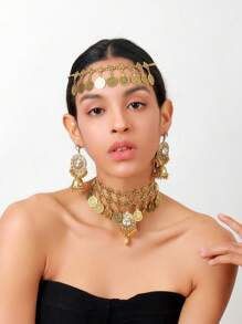 4pcs  Bollywood Style Women's Gold Necklace Set, Including 1pc Elegant Noble Fringe Necklace Studded With Purple/Green/White/Black Rhinestones, 1 Pair Exquisite Tassel Earrings, And 1pc Vintage Bohemian Style Head Chain, Ideal For Wearing At Festive Events Or As A Thanksgiving Gift Jewelry Set.