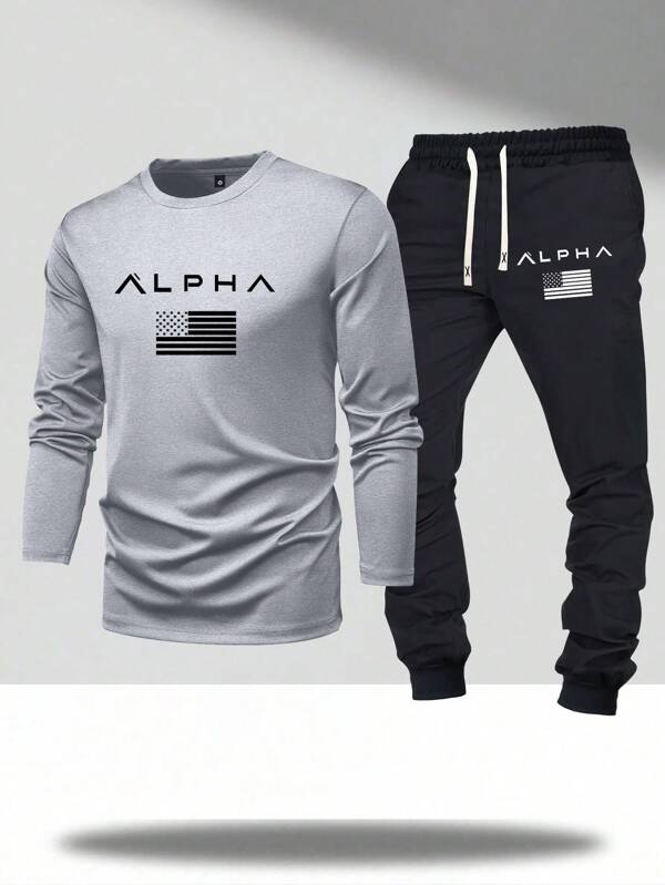 2 pièces/Set T-shirt à manches longues avec imprimé lettres et pantalon décontracté à taille coulissante pour homme, convient pour les loisirs en plein air. Fait un excellent cadeau pour le mari ou le petit ami