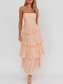 Y2k Strapless Maxi Dress For Women Ruffle Cute Mesh Bodycon Dresses Backless Solid Flowy Midi Long Dresses Cocktail Beach Vacation Sundres - Pink - View 1