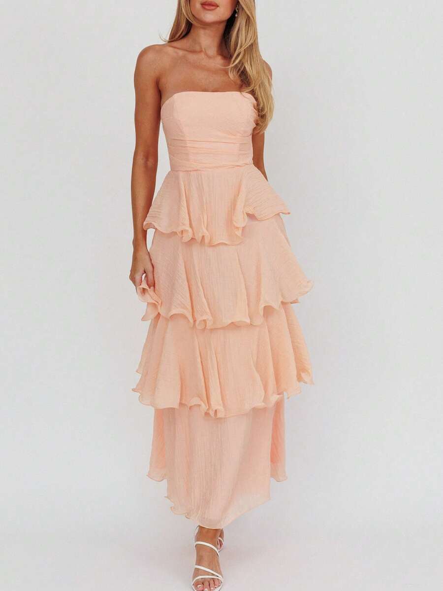 Y2k Strapless Maxi Dress For Women Ruffle Cute Mesh Bodycon Dresses Backless Solid Flowy Midi Long Dresses Cocktail Beach Vacation Sundres - Pink - View 1