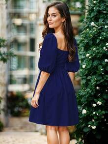 Vestido Corto de Escote Cuadrado con Manga Abullonada Casual para Mujer - Azul Marino - Ver 2