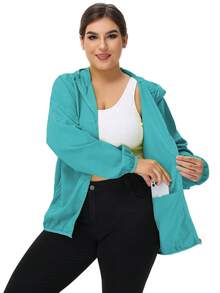 1pc Women Outdoor Lightweight Solid Color Long Sleeve Casual Jackets, Zipper Hooded Plus Size Women Jackets, Water-Resistant Fabric, Sun-Protective Outerwear
