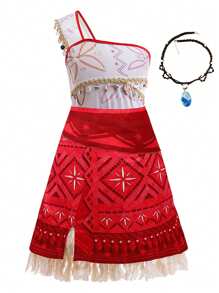 2pcs/Set Girls Red Sleeveless One-Shoulder Dress & Necklace Set, Children Princess Role-Play Stage Performance Halloween Costume
