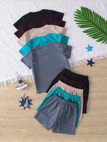 10pcs/Set Boys' Casual Colorful Knit Fabric T-Shirt Matched With Colorful Shorts Outdoor Suit, Spring/Summer - Multicolor - View 2