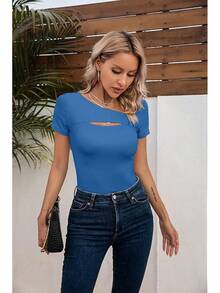 Womens Fashion Fall Cutout Long Sleeve Ribbed Slim Fitted Tops Shirts Tee Tshirts - 短藍 - 查看 8