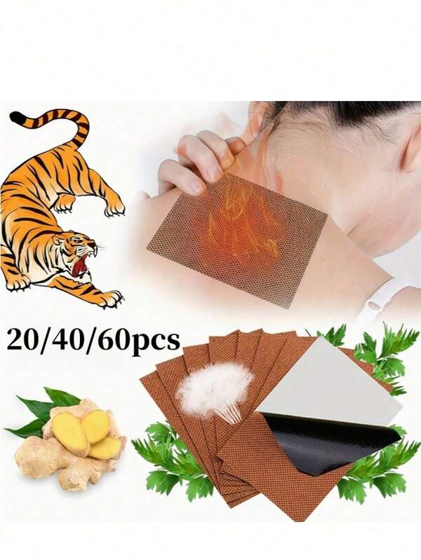 20 piezas Parches de bálsamo de tigre natural, hierbas chinas calientes, de larga duración súper fuerte, sin electricidad, adecuado para espalda, nudillo, cuello, hombro, alivio muscular y de articulaciones