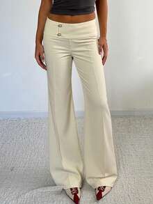 Quần nữ trơn màu thanh lịch kiểu dáng Y2K ống đứng hơi loe, cạp thấp tối giản, quần cargo casual, cạp không đối xứng, phù hợp cho trang phục công sở mùa thu/đông và hẹn hò mùa xuân. - Màu be - Xem 5