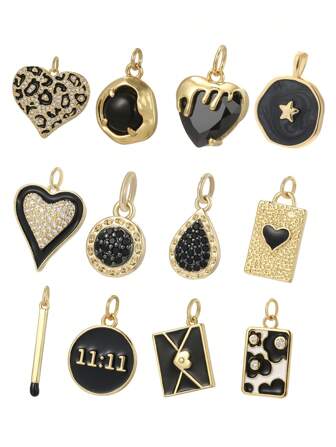 1件个性轻奢黑色心形项链吊坠镶嵌锆石吊坠配件DIY吊坠圆形不对称星形吊坠，可DIY做成项链、手链、脚链