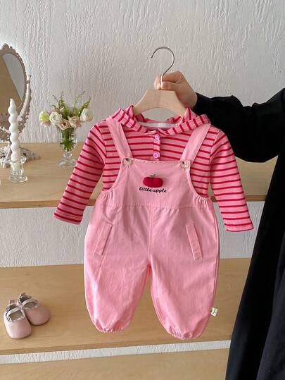 女婴条纹长袖连帽上衣和背带裤休闲套装，秋季