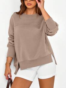 Women's Casual Round Neck Sports Shirt Autumn Winter Long Sleeve Side Slit Solid Color Pullover Hoodie Top - 淺咖色 - 查看 4