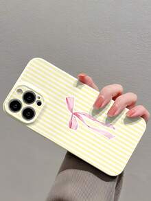 1 件简约彩色条纹粉色蝴蝶结设计亮面穿孔塑料手机壳，适用于 11/12/13/14/15/16 Pro Max 防水防震防摔防刮