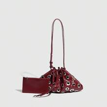 Edgy Metallic Rivet Shoulder Bag – Hollow Eyelet Drawstring Bucket Purse For Women |   Gothic-Chic Messenger Crossbody Bag - Rượu vang đỏ - Xem 4