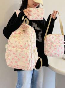 Set di zainetti casual e versatili per il ritorno a scuola da donna, zaino con stampa floreale in stile giapponese carino, set di zaini con fiocco e motivo floreale morbido