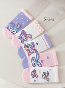 Disney 5 Pairs Girls/Kids Casual Cartoon Socks, Purple Tone Rabbit, Heart, Bowknot Patterns, Cute Style, Ankle Socks, Suitable For Students Daily, Back To School Season, All Season