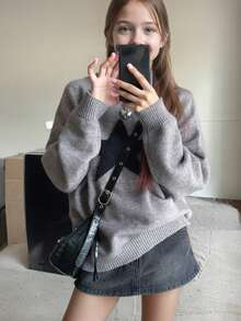 1 件女童休闲厚套头衫，秋冬舒适学生针织衫 - 柔软舒适的纯色毛衣，适合温暖的日子和寒冷的夜晚 - 淺灰色 - 查看 6