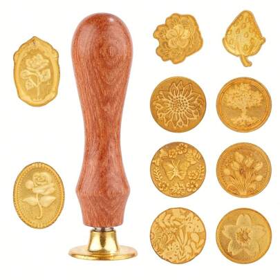 [10pcs Golden Wax Seal Stamp Set] 10pcs Golden Wax Seal Stamp Set With Wooden Handle, Metal Seal Wax Stamp Kit With Various Patterns For Letter, Greeting Card, And Gift Decoration