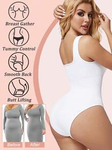 Tummy Control Shapewear Bodysuits For Women Slim Abdomen Compression Full Body Shaper Sculpting Shaping Tank Top Underwear Undershirts Wide Shoulder Straps - 白色 - 查看 4