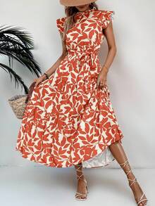 Vestidos Largos Casuales Elegantes Fiesta Moda Ropa Mujer,Vestido Con Cinturón Plisado Con Estampado Floral Y Diseño De Plantas - Naranja - Ver 3