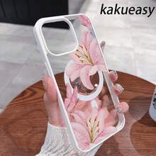 Pink Lilies Magnetic Phone Case Is Suitable For IPhone 16/15/14/13/12 Pro/11/XS Max 68 Plus. It Features A Fashionable And  Pattern Design. The Transparent Case Comes In Multiple Colors And Is A Classic Shockproof Mixed Transparent Phone Case Gift. - 黑色 - 查看 2