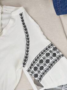 Camisa de manga comprida com estampa geométrica casual estilo francês para férias, início do outono