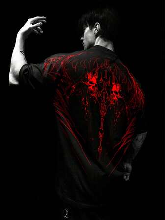 男士夏季深色复古休闲短袖圆领T恤，涤纶面料，适合运动健身