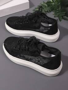 新款女士舒适透气低帮休闲运动鞋，学院风时尚度假街头服饰 - 黑色 - 查看 7