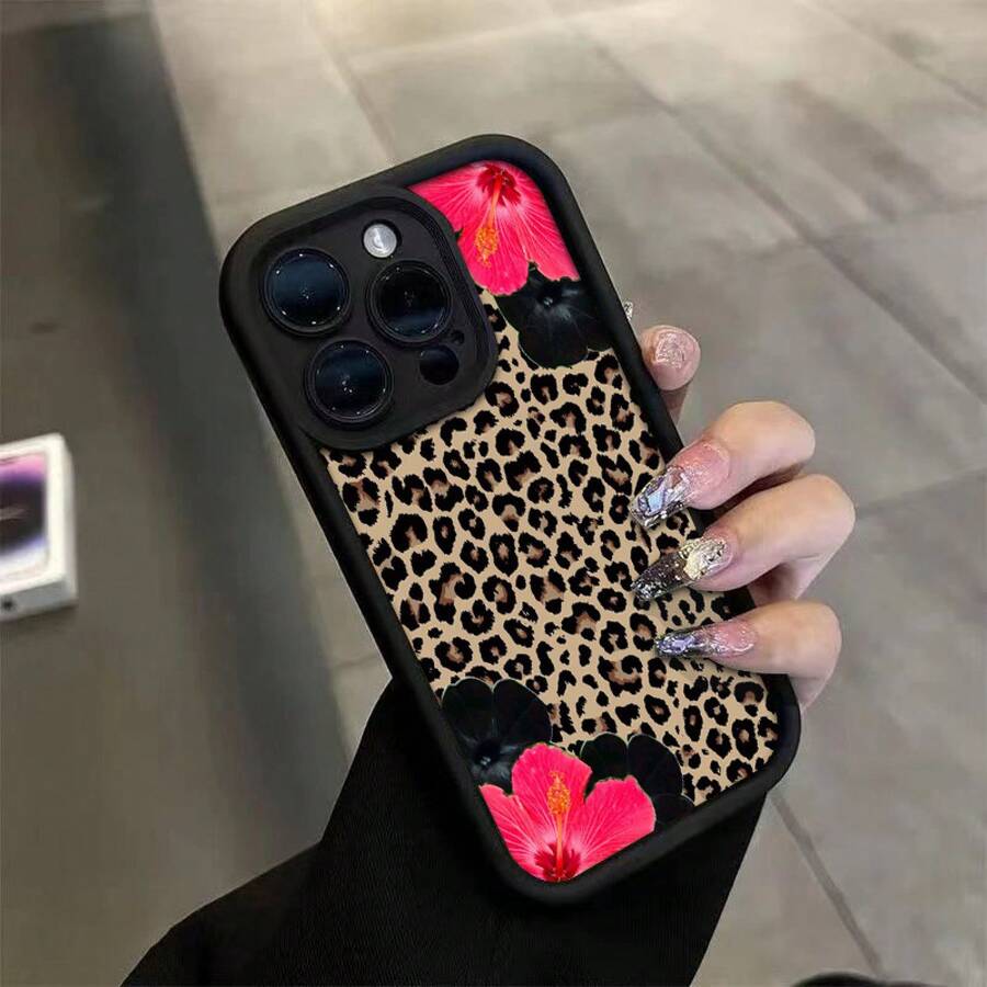 Estampado de leopardo patrón de hibisco rosa adecuado para funda de teléfono móvil TPU iPhone15PROMAX funda protectora de silicona de cuatro esquinas anti-caída de alta cobertura con alto valor y  calientes - Negro - Ver 1