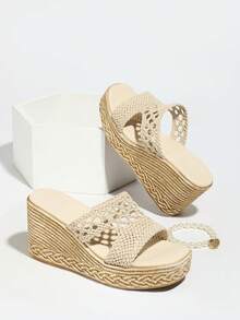 女士时尚手工编织厚底凉鞋，坡跟菱形图案波西米亚风海滩婚礼派对办公室户外健身房，春夏