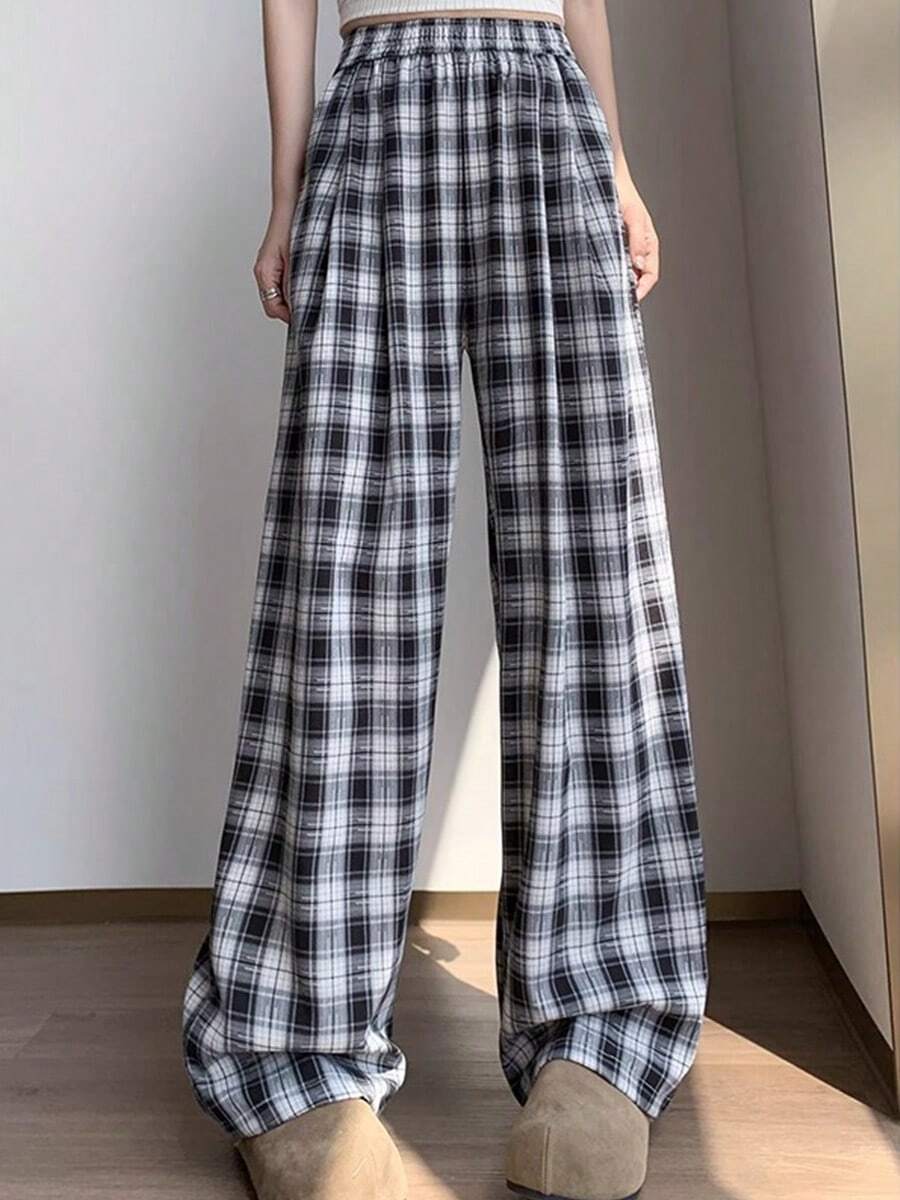 Pantalones de rayas a cuadros para mujer Pantalones sueltos de diario Casual Sports de pierna ancha