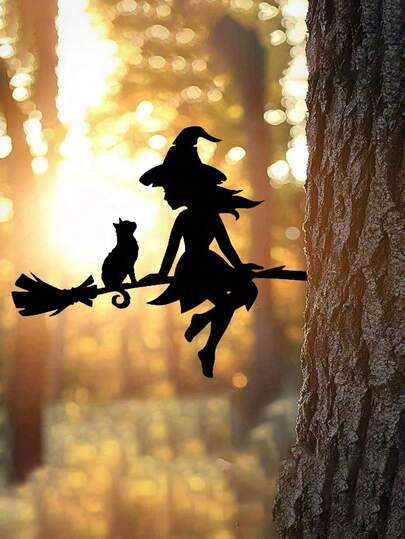 1pc Enchanting Witch & Cat Garden Decor - Iron Yard Art With Flying Broomstick, Perfect For Halloween & Outdoor Spaces, Tree Stump Insert, Outdoor Garden Decor|Spooky Theme Decor|Iron Construction, Witch DecorA Perfect Halloween Gift For Lovers, Parents And Friends.