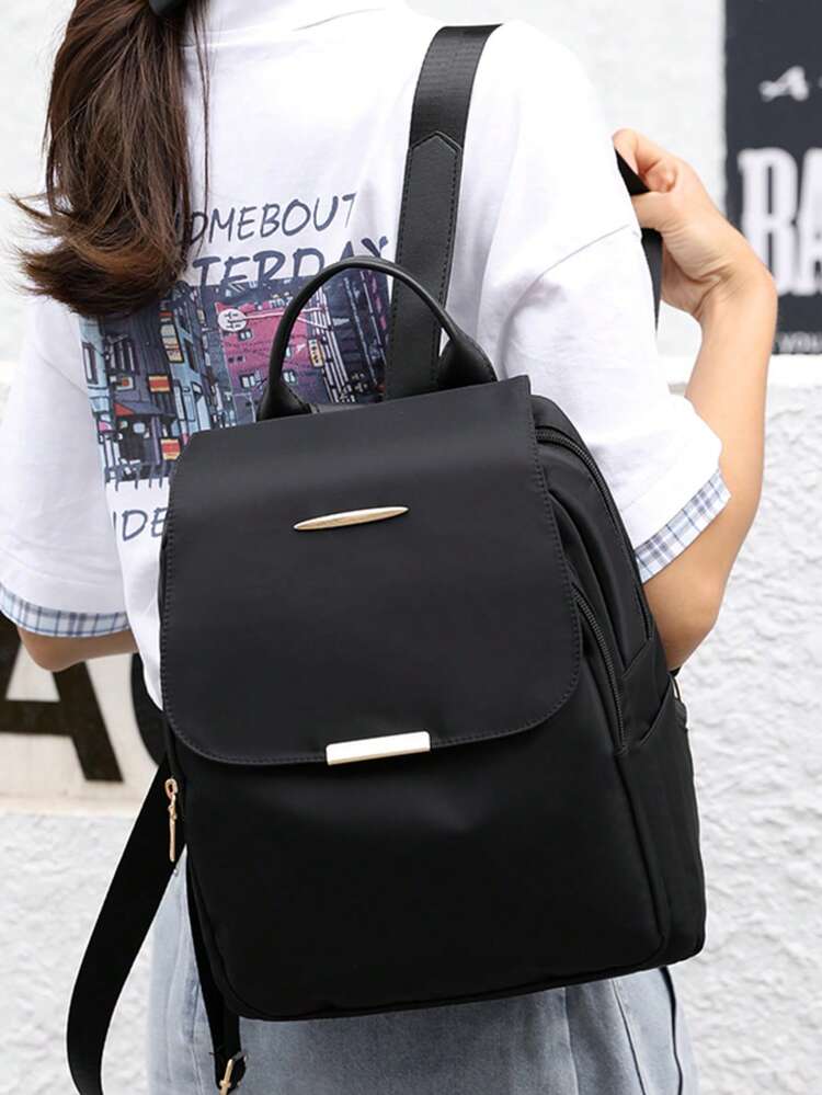 Mochila de gran capacidad para mujeres, bolso clásico de unicolor para damas - Negro - Añade 6